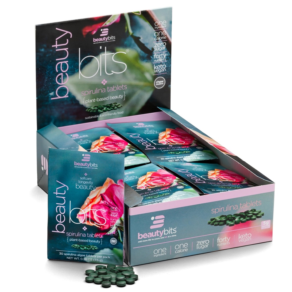 BEAUTYbits - Organische Spirulina Tablets - Algen Superfood - Collageen, Proteïne, Chlorofyl - Haar, Nagels, & Huidverzorging - Veganistisch, Keto, Glutenvrij - Zelfzorg - Huidverzorging Schoonheid - 30 Tassen, 900 tabletten