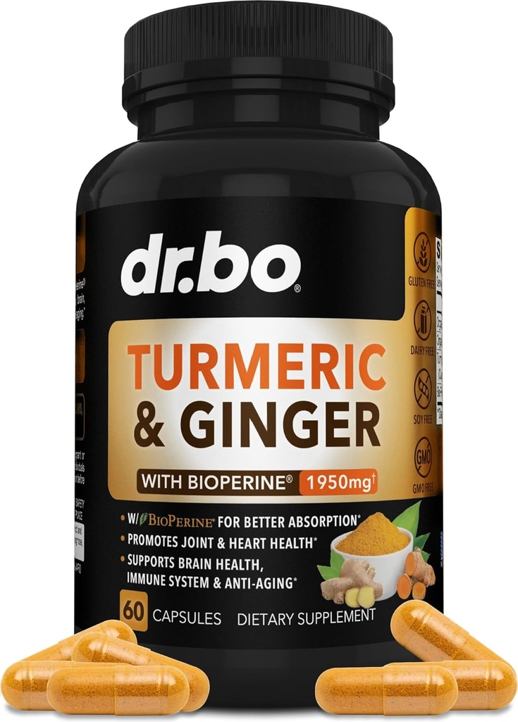 Kurkuma Curcumine met BioPerine & Gember Supplement - 1950mg Biologische Tumerische en Curcumine BioPerine Zwarte Pepper Pillen - Kurkuma en Gember Supplement 60 Capsules