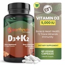 EarthNutri Vitamin D3 K2 Supplement 5000 IE Inclusief K2 van MENA Q7, D3 van Vitashine, Calcium van Aquamin & 72 Trace Minerals voor Immune, Bone & Heart Health, Non-GMO 60 Veg Capsules
