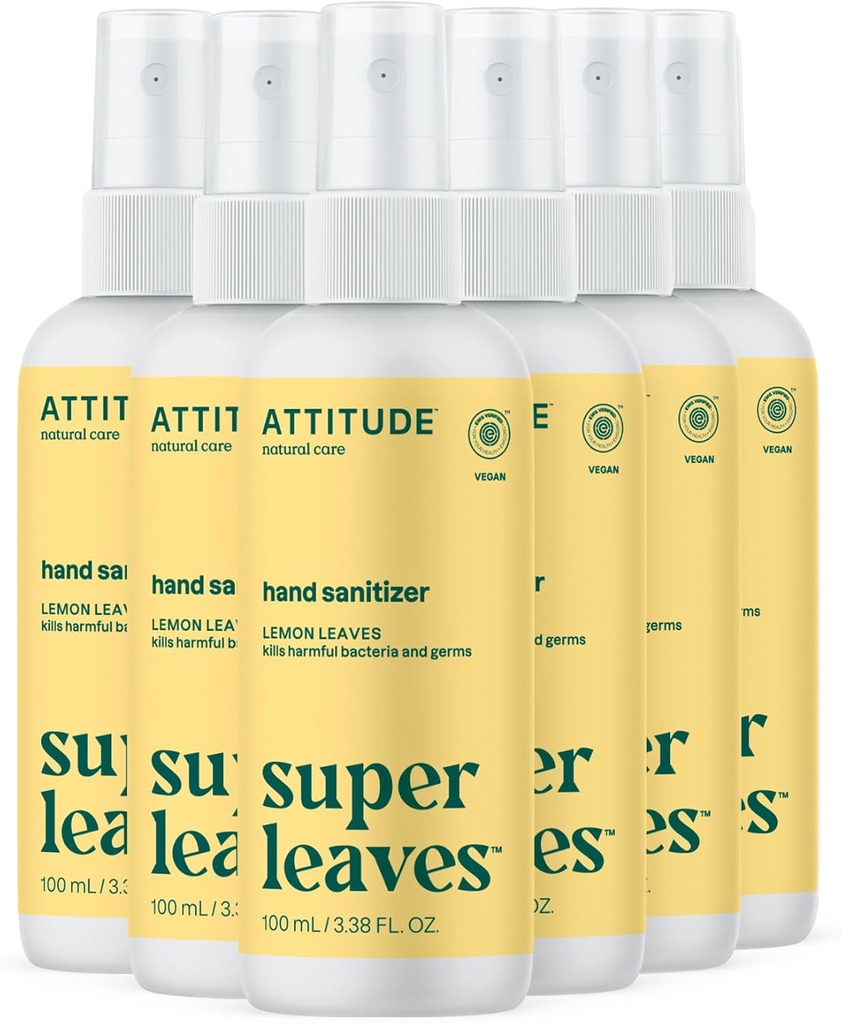 ATTITUDE Hand Sanitair Spray voor volwassenen en kinderen, EWG Geverifieerd, doodt Bacteriën en Germs, Vegan, Lemon Bladeren, 3,38 Fl Oz (Spray Bottle) (Pack of 6)