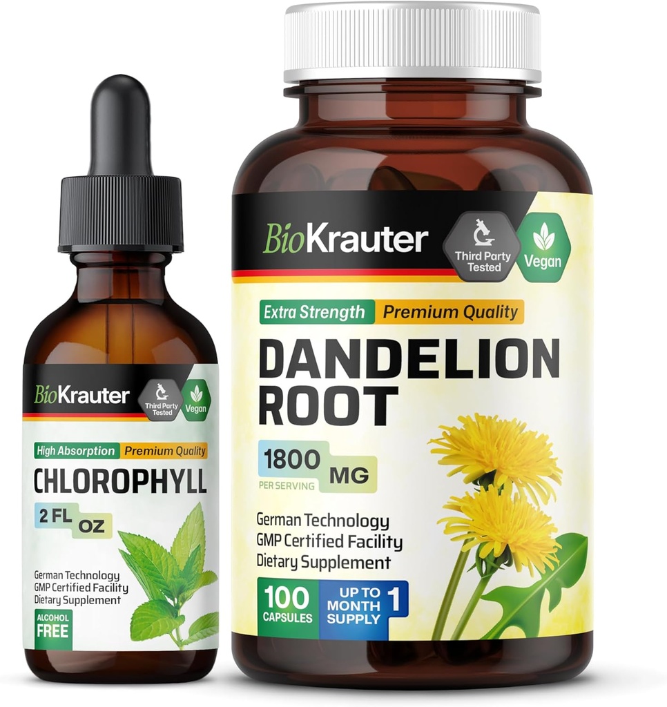 BIO KRAUTER Chlorofyl Tinctuur 2 Fl. Oz. & Dandelion 100 Capsules
