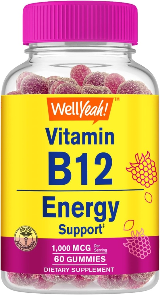 WellYeah Vitamine B12 1000mcg Gummies - voor energie, stemming, stofwisseling en immuunsysteem ondersteuning - Veganistisch Vriendelijk en Glutenvrij, GGO vrij en arts aanbevolen - 60 Gummies