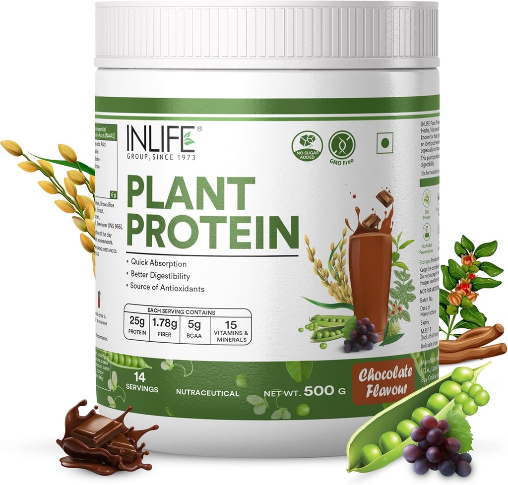 INLIFE Plant Proteïnepoeder - Pea, Quinoa en Bruine Rijst - 25 g Proteïne - Ashwagandha, Groene thee en druivenzaadextract - Supplement (500 g, chocolade)