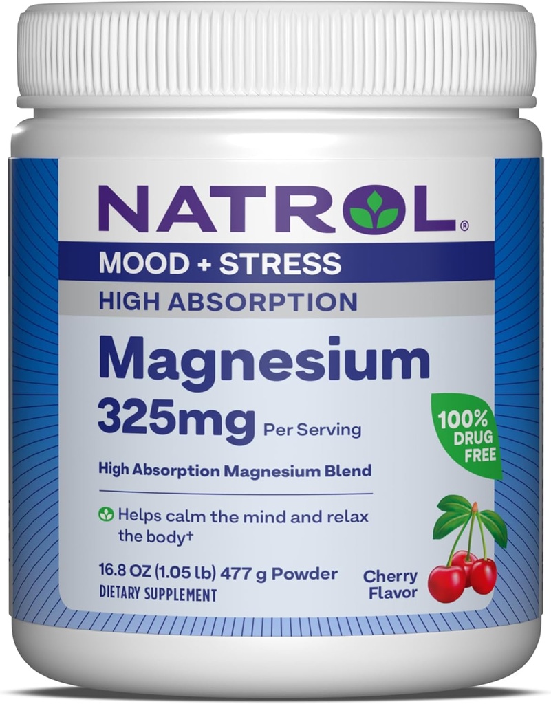 Natrol Magnesium 325 mg, Hoge Absorptie Magnesium Glycinaat en Carbonaat Blend om de geest te kalmeren en te ontspannen Het lichaam, 16,8 OZ van Cherry-smaak poeder, Tot een 90 dagen levering