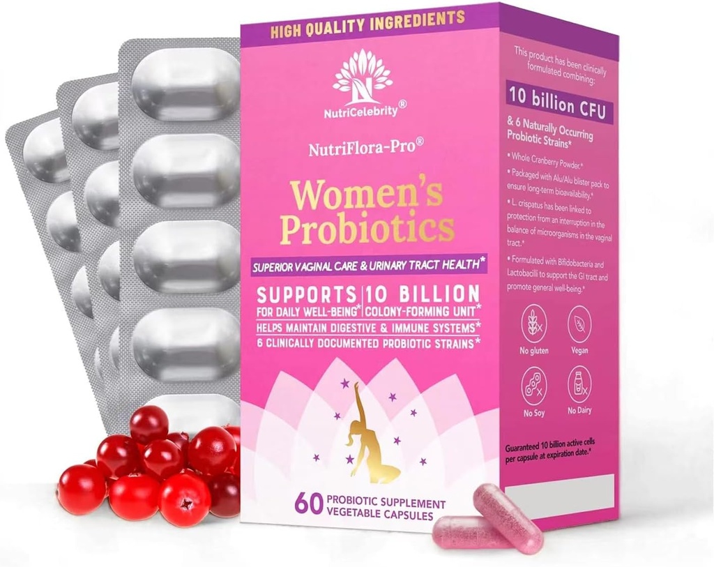Nutrielebrity NutriFlora-Pro Probiotica voor vrouwen - Ondersteuning Vaginale, Urinaire Gezondheid, Immuunsysteem Digestieve Systeem Ondersteuning, Cranberry Pillen Supplement, 10 miljard CFU 6 Strains (30 Caps) - 2 Pack