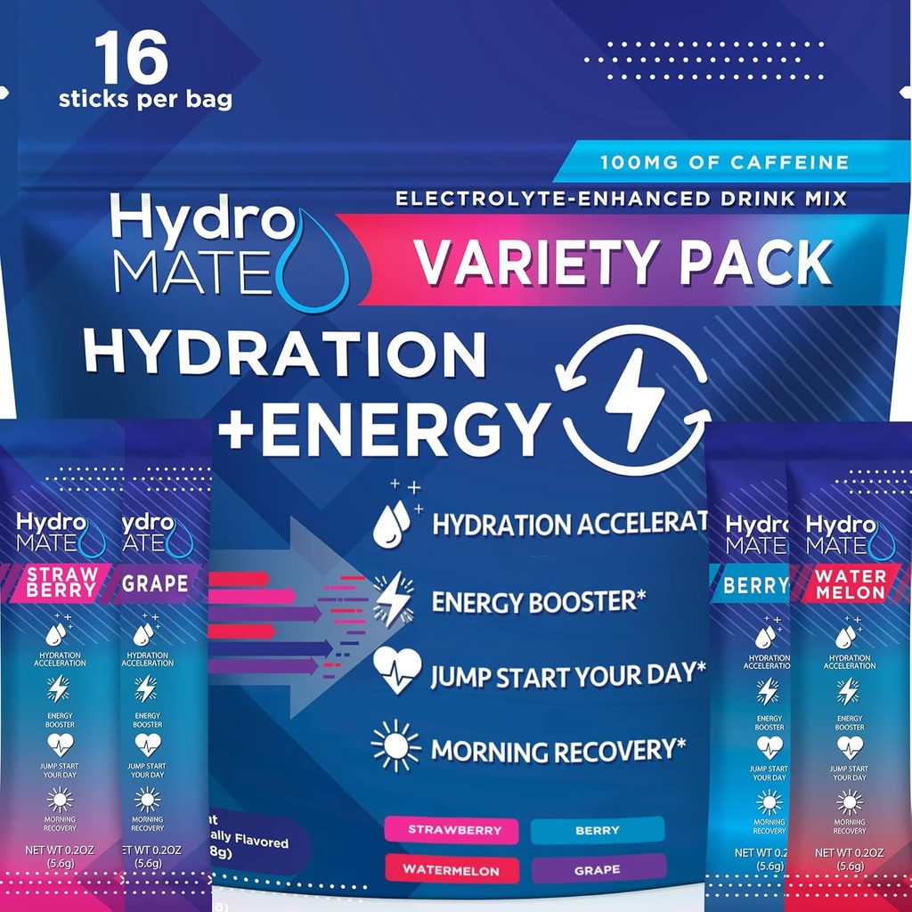 HydroMATE Elektrolyten Poeder Drinkmix Packets Hydratatie Accelerator Lage Suiker Partij Voorkeuren voor snelle herstel Vitamine C Plus Cafeïne Variëteit Pack 16 Sticks