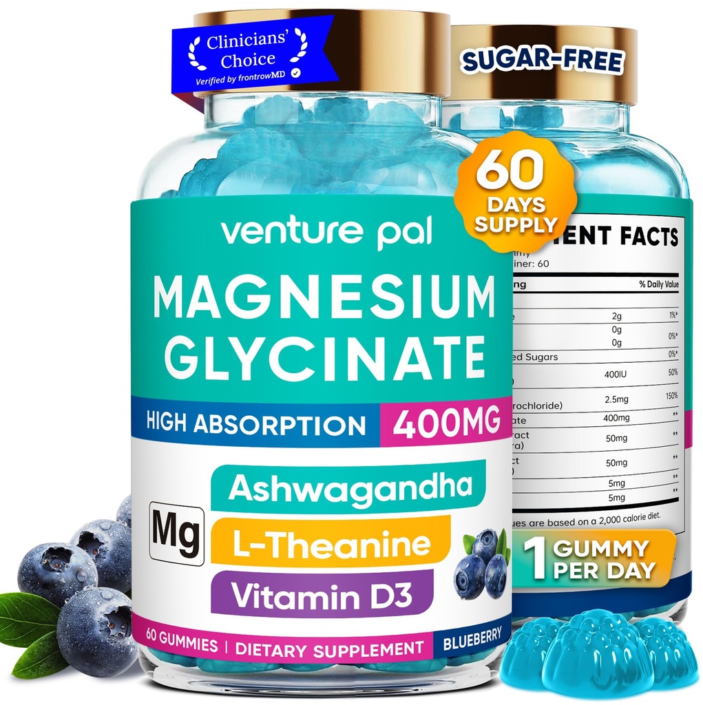 Levering van 60 dagen Magnesium Glycineer 400 mg Gummies met Ashwagandha, L-Theanine, CoQ10, Vitamine D3 & B6, Suikervrije Magnesium Gummies voor volwassenen en kinderen, Stress Relief, Slaap & Kalm, Veganistisch, Glutenvrij