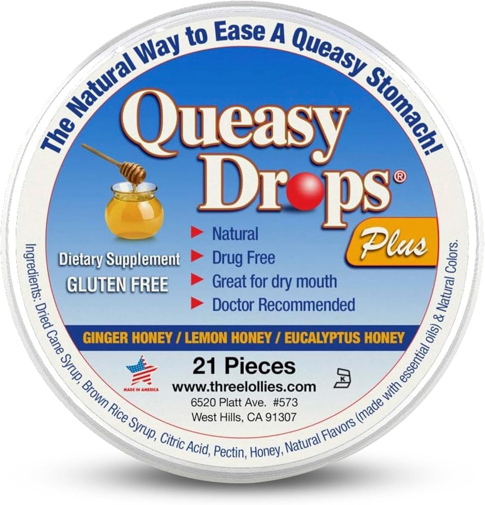 Three Lollies Queasy Drops Plus - Lozen met pectine en honing om een droge mond te kalmeren - Alleviate Misselijkheid & Motion Disease - Natural - 21 ct