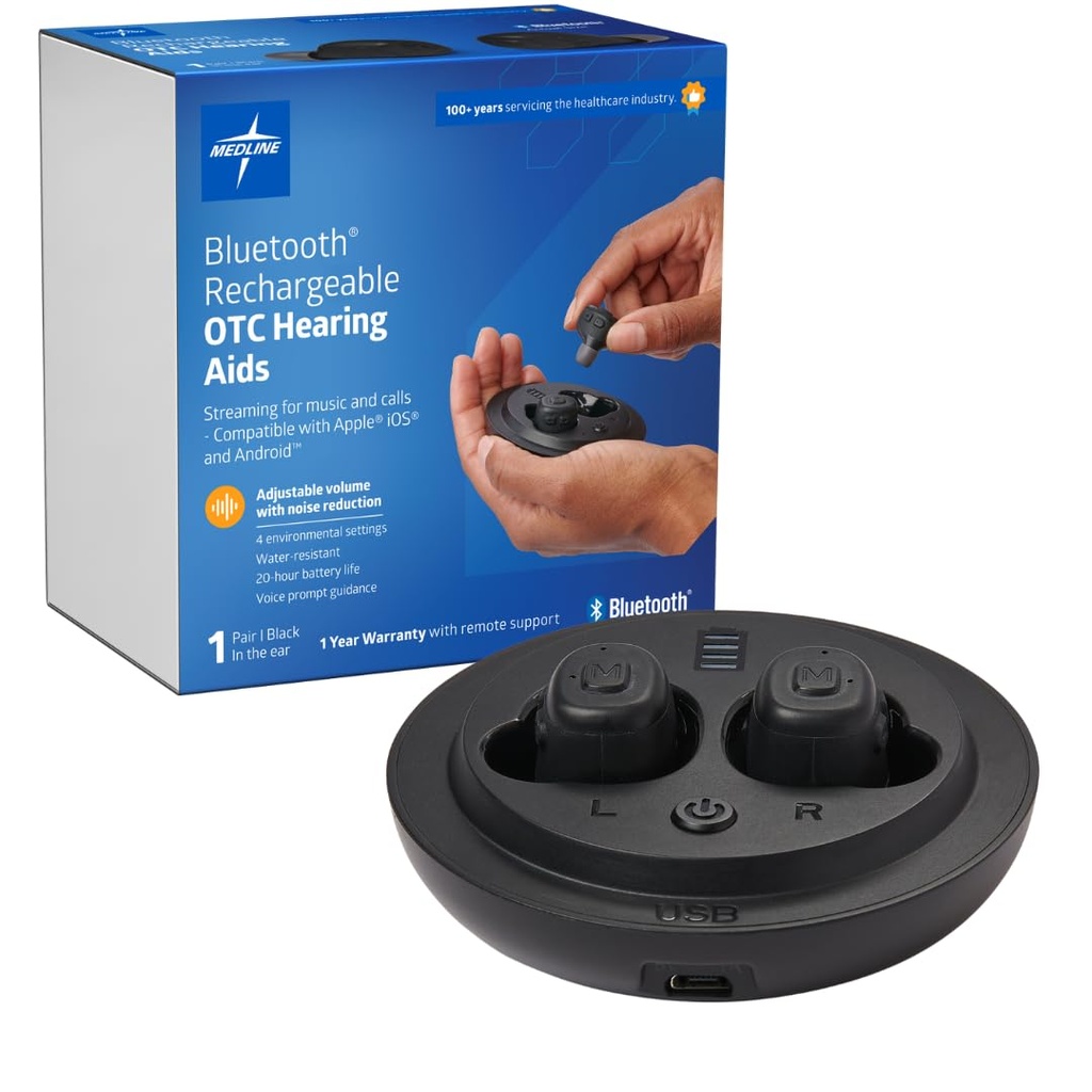 Medline Bluetooth oplaadbare OTC-hoortoestellen, in-The-Ear, 4 omgevingsinstellingen, waterbestendig, verstelbaar volume, mild tot matig gehoorverlies, geluiddemping, gehoorapparaten voor oordopjes