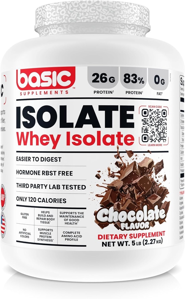 Basis Wei Proteïne Isolaat, 26g Proteïne, 0g Vet, Glutenvrij, RBST-vrij, Snelle Absorptie, 120 Calorieën (5 Pond, Chocolade)