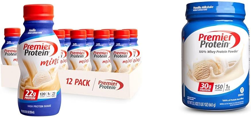 Premier Proteïne Shake MINI's Vanille 22g Proteïne 120 Calorieën Verpakking van 12 & Poeder Vanille Milkshake 30g Proteïne 17 Serveert 23,3 Ounces