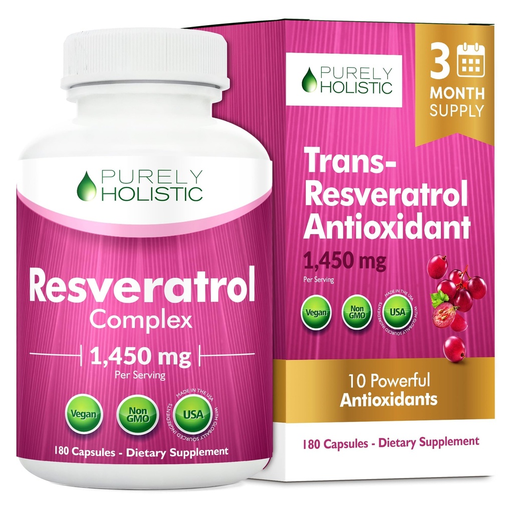 Pure Holistische Resveratrol 1450mg, 90 Servers, Trans-Resveratrol Antioxidant Supplement met vitamine C en Polyfenol Complex, 180 Vegan Capsules