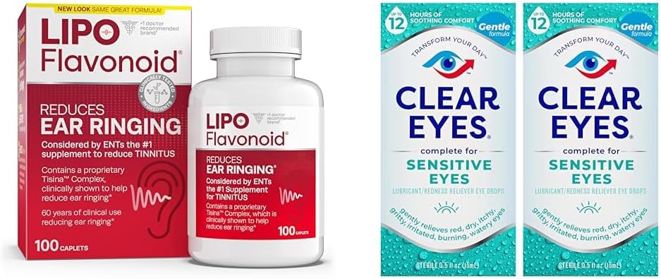 Lipo-flavonoïde Tinnitus Verlichting Oorgezondheidsvitaminen 100 Capletten & heldere ogen Gevoelige oogdruppels 0,5 Oz 2 Pack bundel