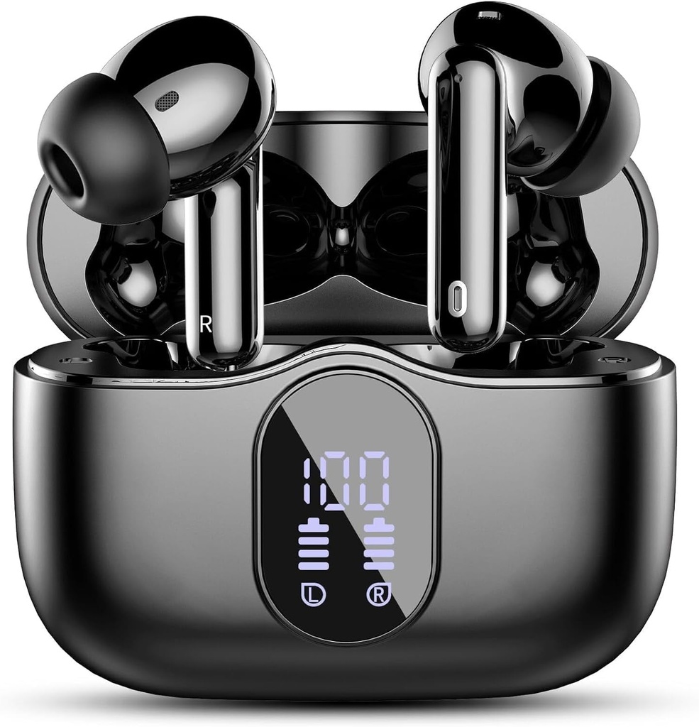 Draadloze oordopjes, Bluetooth 5.4 Headphones Bass Stereo, Oorknopjes met Noise Cancelling Mic LED Display, IP7 Waterdicht in oortelefoons, 36H Playtime voor Laptop Pad Telefoons Sporttraining, Zwart