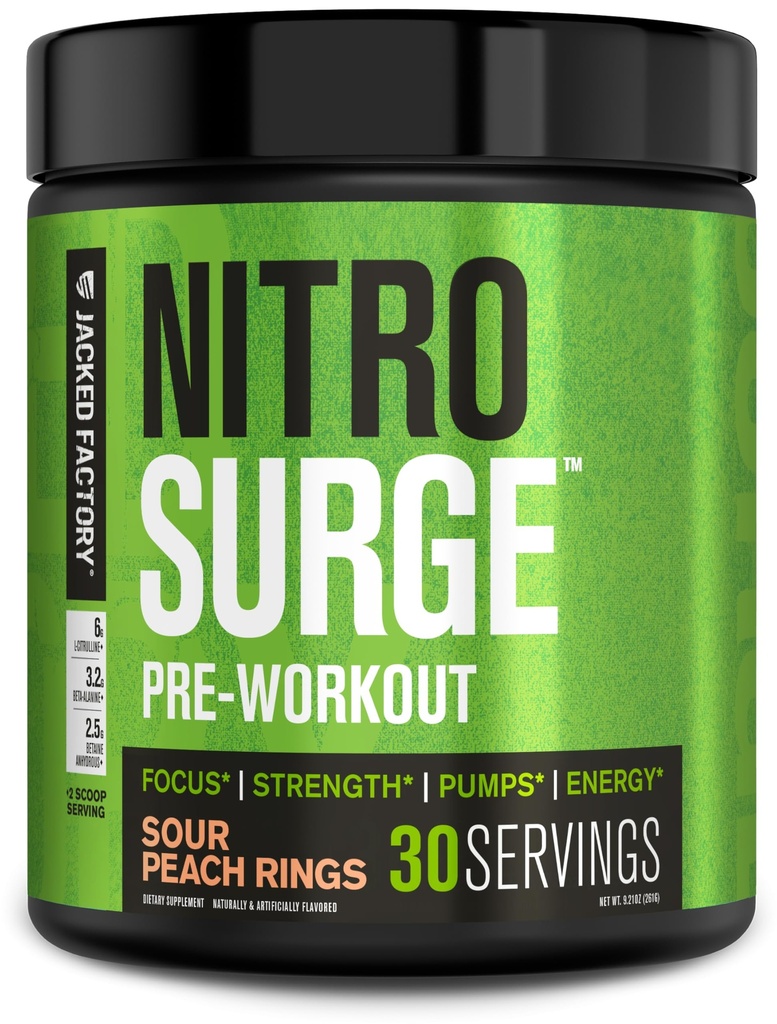 Gejackte fabriek NITROSURGE pre-workout supplement - eindeloze energie, instant kracht winsten, duidelijke focus, intense pompen - NO Booster en krachtige preworkout energiepoeder - 30 porties, Zure perzik ringen