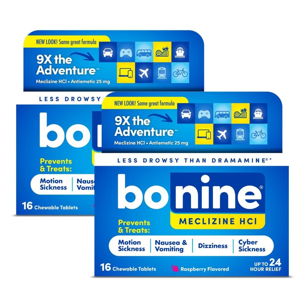 Bonine Non-Drowsy Motion Sickness Relief - 32 Kauwtabletten met Meclizine HCL 25mg - Niet-Drowsy Medicine voor Misselijkheid of Beweging Ziekte - Cruise Essentials - Framboos Smaak
