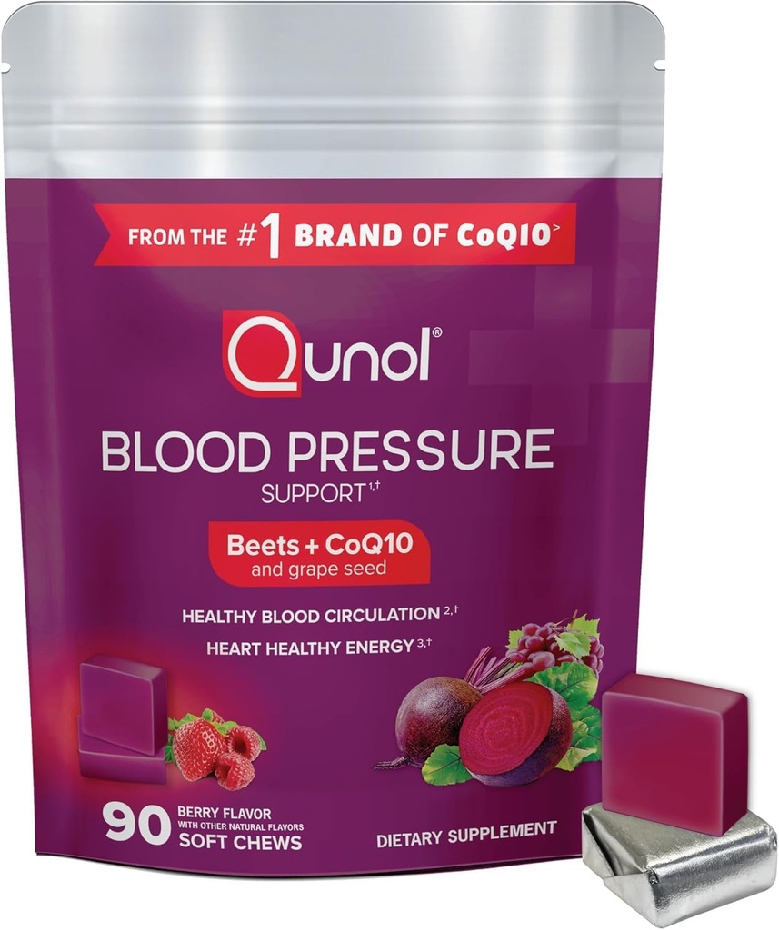 Qunol Beets Chews for Blood Pressure Support, 3 in 1 Beets + CoQ10 + Grape Seed Extract, Supports Healthy Blood Circulation & Heart Healthy Energy, 90 Chews