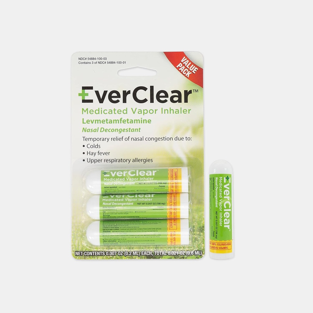 EverClear Medicated Vapor Inhaler, Nasal Decongestant for Colds, Hay Fever, & Upper Respiratory Allergies, 0.2 ml, 3 Pack