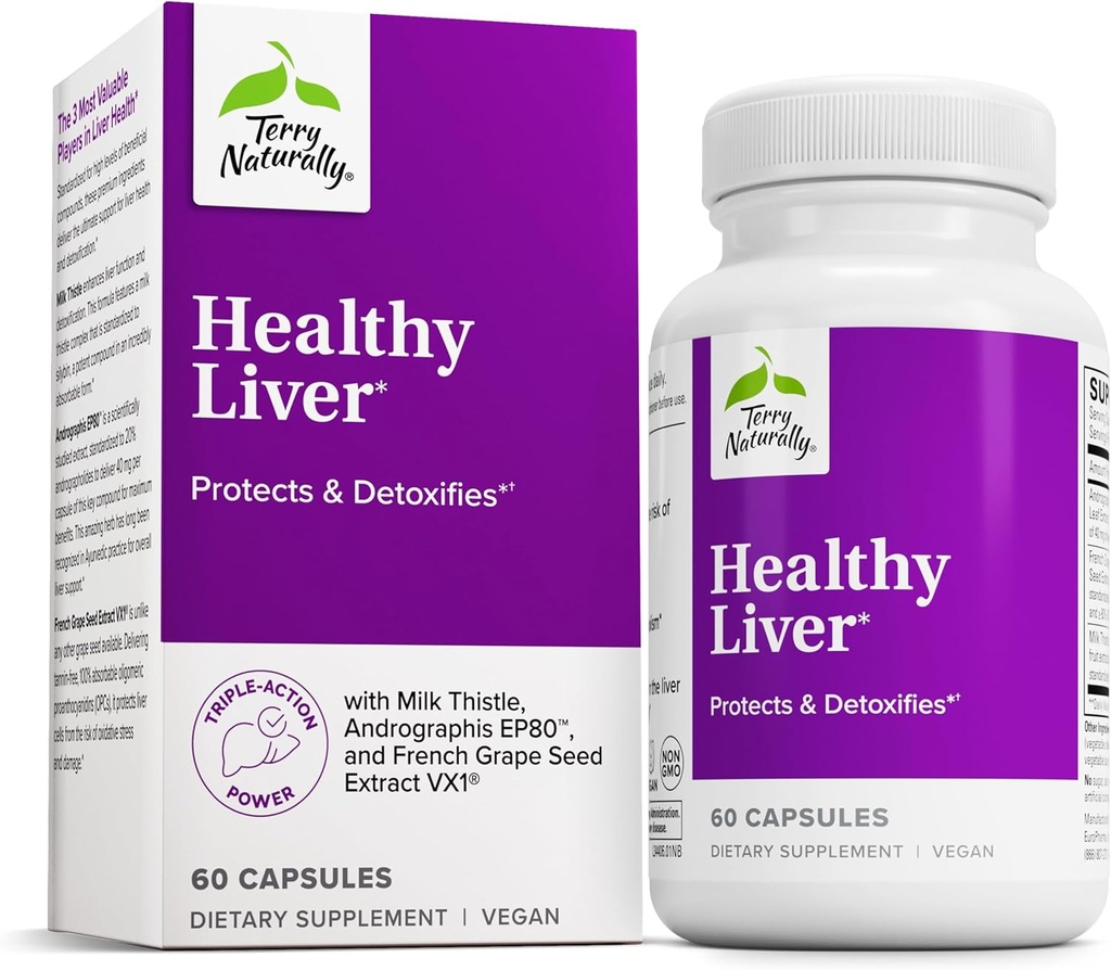 Terry Naturally Healthy Liver - Liver Function & Health Support Supplement - Cellular Health Support with Andrographis EP80 & French Grape Seed Extract - Gluten-Free Dietary Supplement - 60 Capsules