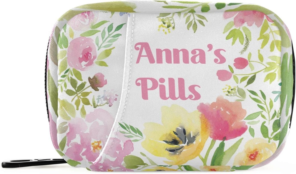 Aangepaste pil Box 7 Dag pil Case Bag Waterverf Floral Gepersonaliseerde naam Reis pil Organizer Bag met rits draagbare week Case Compacte grootte voor vitamine supplement houder