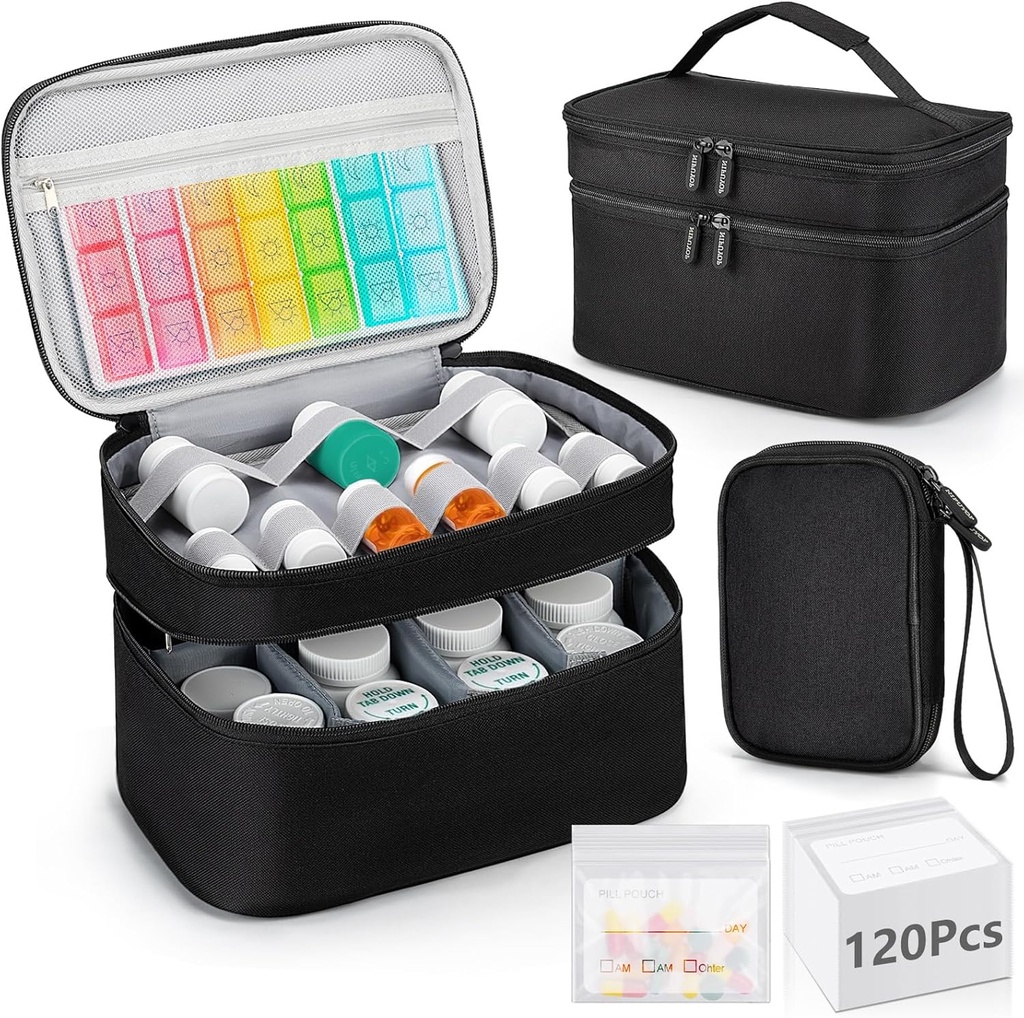 Medicine Organizer Bag, Dubbele Lagen Pillen Bottle Opslag met 120 Pill Pouch Travel Baggies, Portable Medicine Opslag Bag for Pillen, Vitaminen, Medical Supplies for Home Storage, EHBO