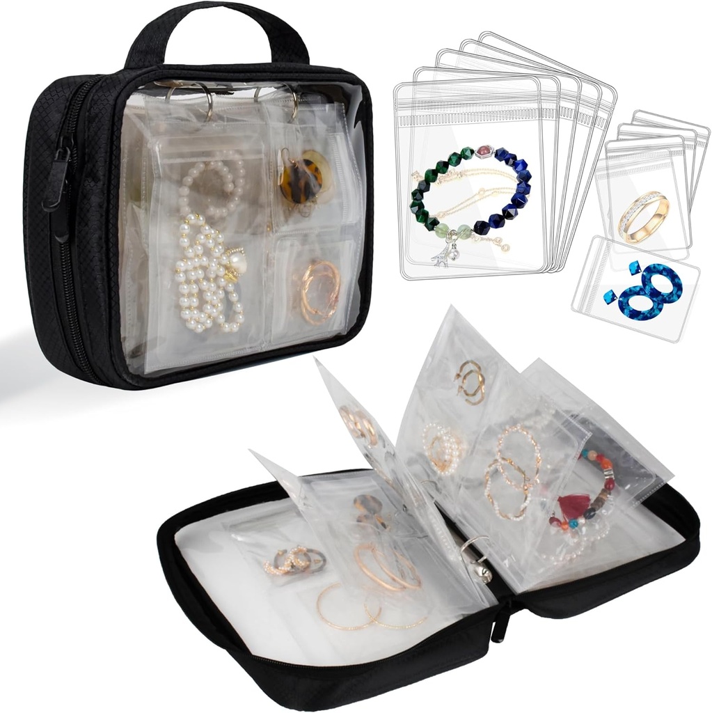 Reis sieraden Organisator geval Transparante sieraden opslag boek Binder Bag voor oorbellen, ringen, ketting, armband, zwart