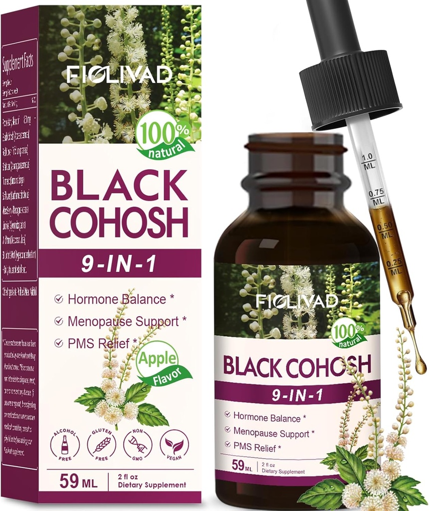 Black Cohosh Drops, Herbal Extract Blend voor Hormone Balance, Menopauze Ondersteuning & PMS Relief. 2oz-(Apple Flavor)
