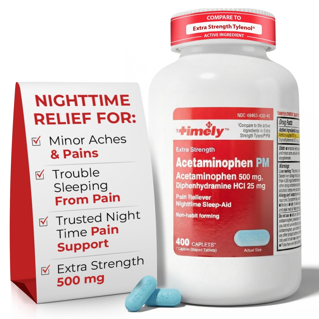 TIME-CAP LABS, INC. Tijdig Acetaminophen PM - Extra sterkte PM - 400 Tel - Vergeleken met Tylenol PM Extra sterkte - Pijnverlichting PM voor een goede nachtrust - Made in USA