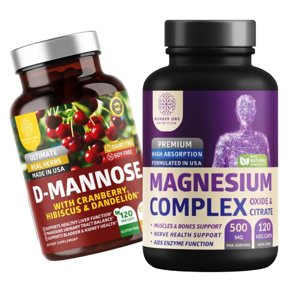 Number One Nutrition N1N Premium Magnesium Complex [500mg] Hoge Absorptie en D-Mannose [1350mg met Cranberry & Hibiscus], Non-GMO en Glutenvrije, 2 Pack Bundle
