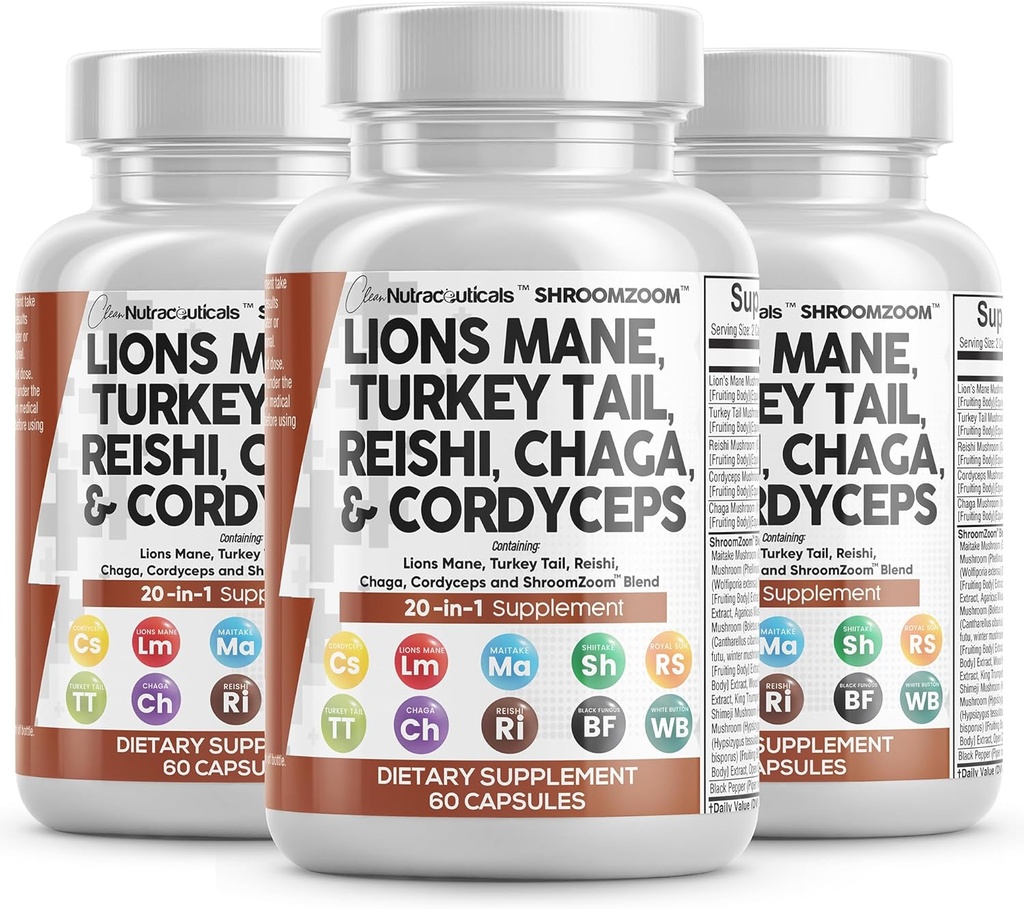 Clean Nutraceuticals Lions Mane 20in1 Mushroom Supplement with Turkey Tail Reishi Cordyceps Chaga Maitake Meshima Poria Cocos Shiitake Oyster Porcini Enoki - 3Pack