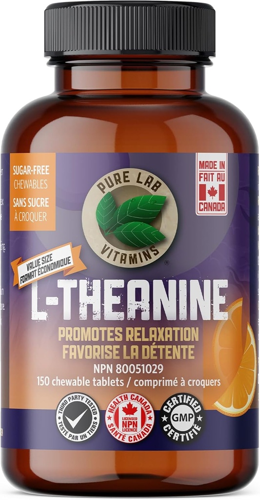 Pure Lab Vitamins - L-Theanine 125mg, 150 Chewable Tablets - L-Theanine Supplement to Promotes Relaxation, Sleep Support, Mood Support, Brain Memory and Focus Supplement - Improves Sleep Quality