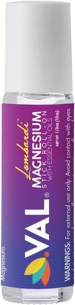 VAL Lombardi Magnesium Stick Rollon with Peppermint & Other Essential Oils - Cooling Comfort for Your Head. Metal Roller. Made in The USA. 10 ml.