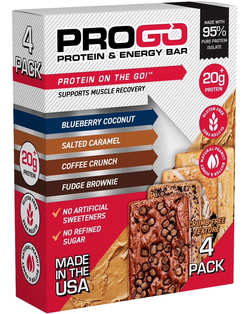 ProGo Protein Bars, Low Sugar, High Protein Snacks (Up to 21g) - 95% Pure Isolate for Faster Muscle Growth & Recovery, Low Calorie, Sweetened w/Peanut Butter & Raw Honey (4-Count, Starter Pack)