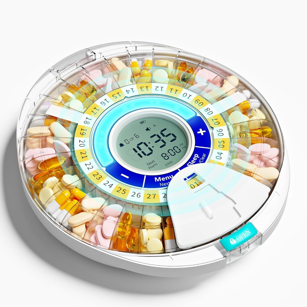Opgewaardeerde automatische pildispenser voor ouderen met alarm: Smart Pill dispenser Machine met 28-slot, Mix-Proof Tech & XL LCD, verbeterde duurzaamheid voor dagelijkse geneeskunde beheer