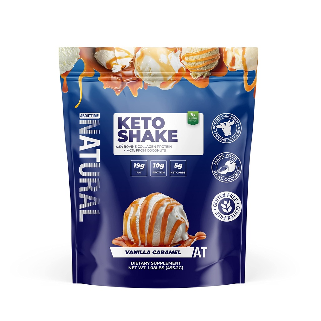 Over Tijd Keto Shake met Bovine Collageen Proteïne + MCTs van Kokosnoten - 19g Vet, 10g Proteïne, 5g Net Carbs - Vanilla Caramel, 1lb