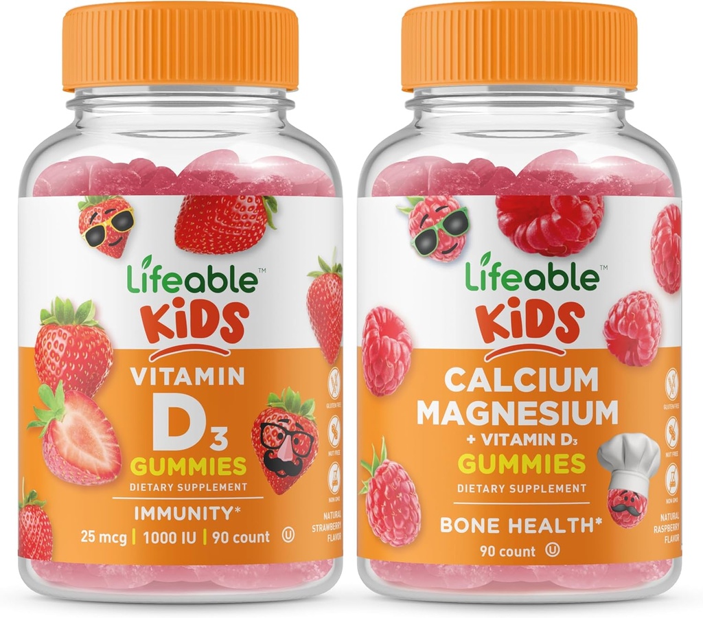 Levensvatbare vitamine D Kids + Calcium Magnesium Kids, Gummies Bundle - Grote Proeverij, Vitamine Supplement, Glutenvrij, GGO-vrij, Kauwgom