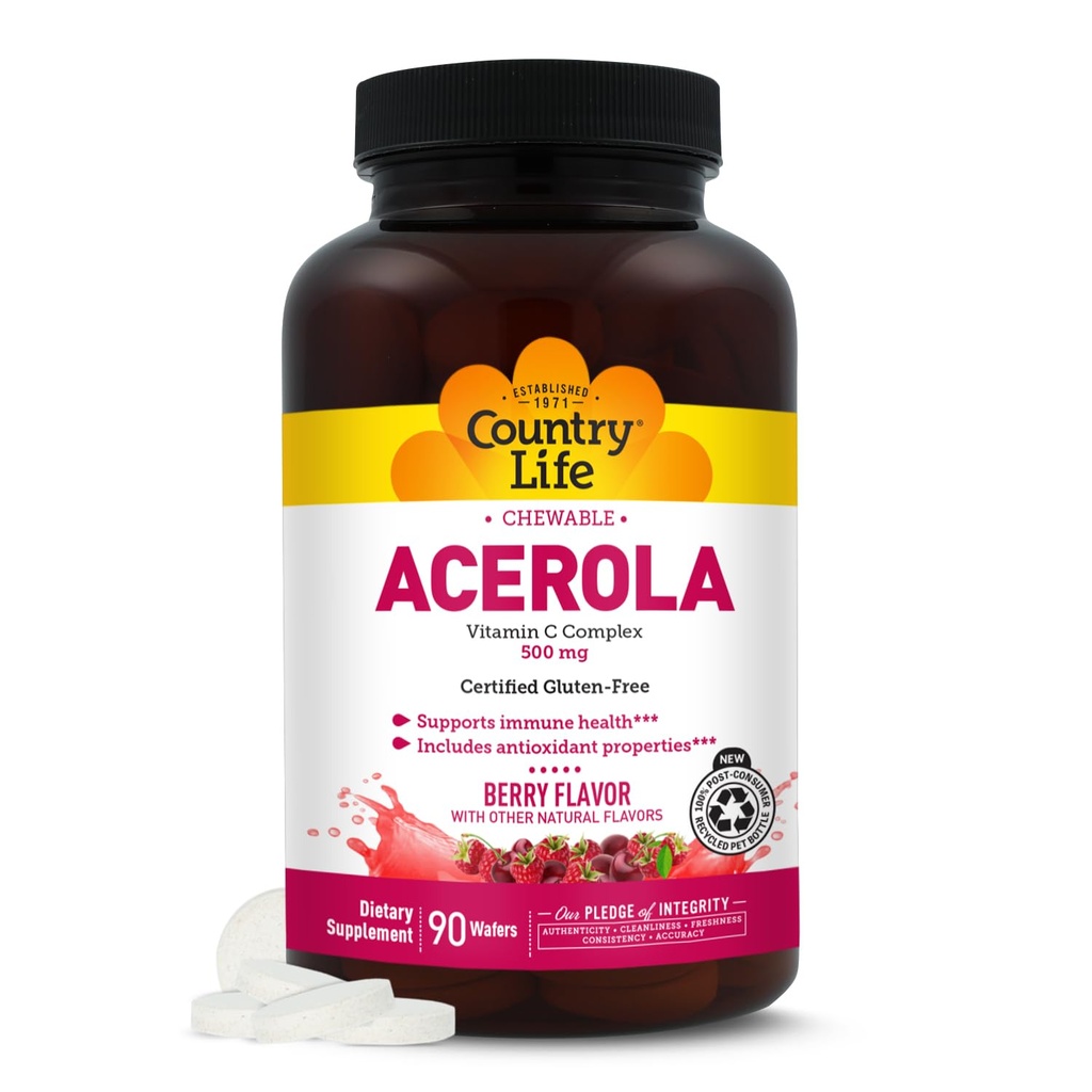 Country Life Acerola Vitamine C Complex, 500mg, Kauwbare Berry Flavored Wafers, Ondersteunt Immune Health, 90 Wafers, Gecertificeerde Gluten Vrij door GFCO, Gecertificeerde Vegan door AVA