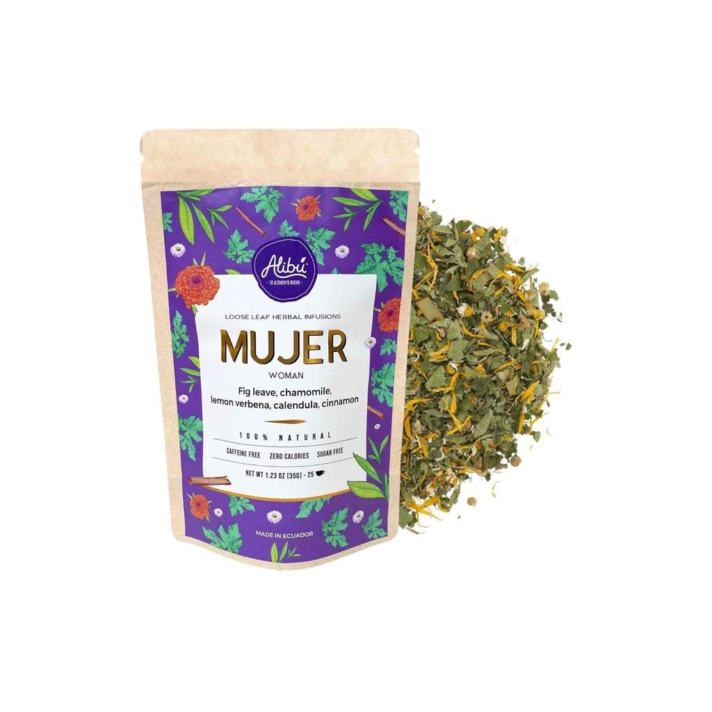 Alibu Loose Leaf Herbal Tea - Mujer - Natural Menstrual Cycle Relief from Cramping, Nausea Relief -Certified Vegan, 100% Natural Tea, Certified Kosher - 25 Cups