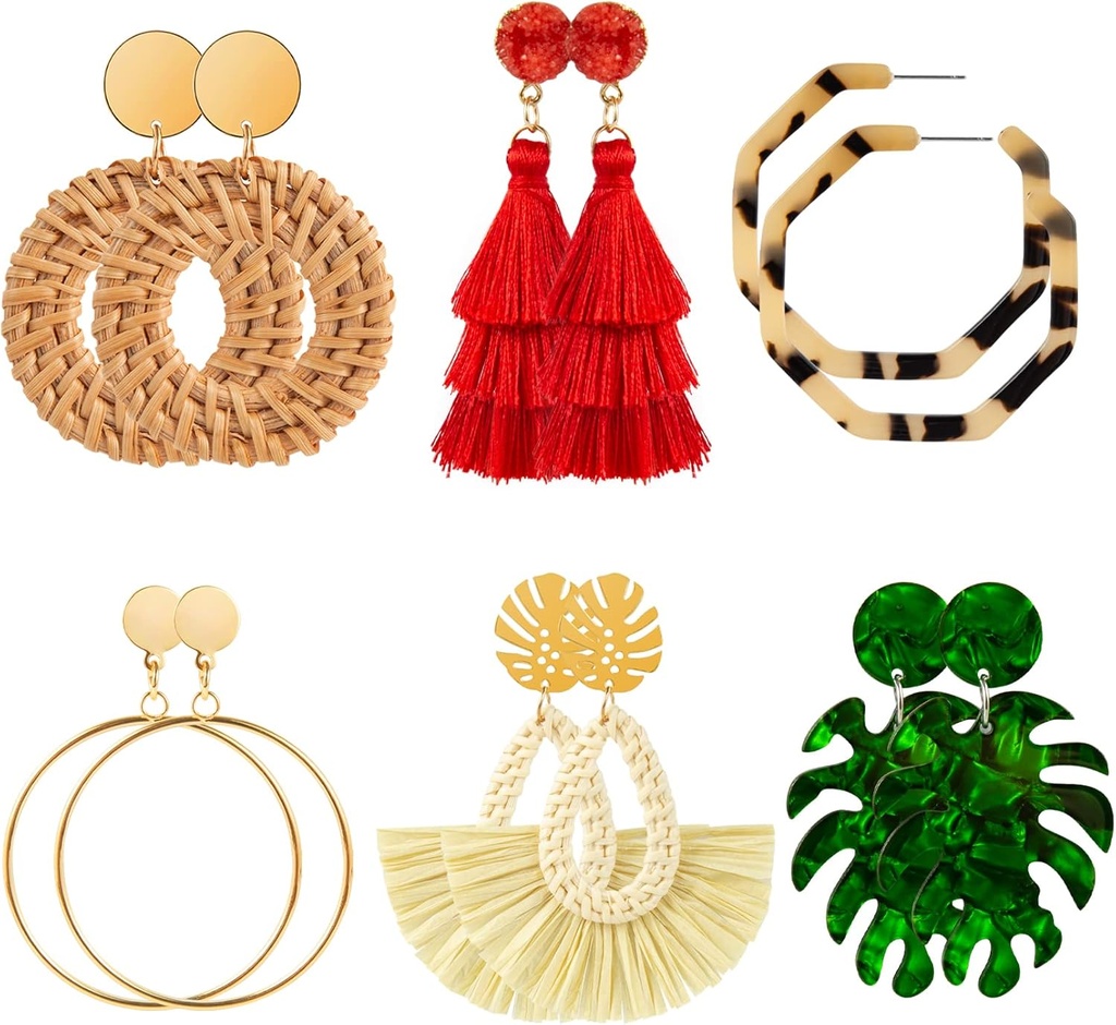 Ponpon 6-18 paar oorbellen voor vrouwen, lichtgewicht Zomer Oorbellen Straw Oorbellen Mode Geometrische Verklaring Hoop Dangle Drop Oorbellen voor vrouwen