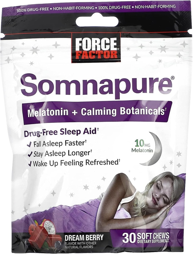 FORCE FACTOR Somnapure Zachte Kauwen met 10mg Melatonine, L-Theanine, Kamille, Lemon Balm, Droom Berry Flavor, 30 Zachte Kauwen