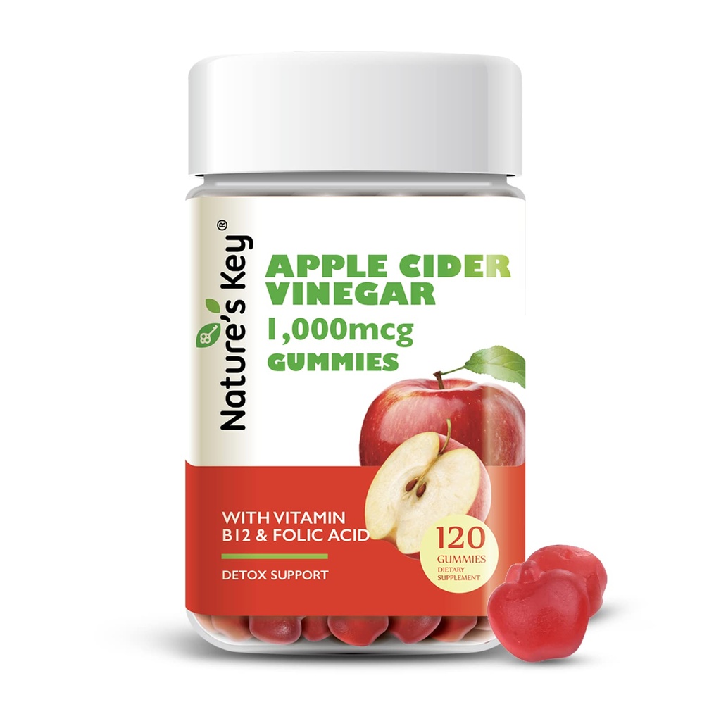 Nature's Key Apple Cider Vinegar Gummies 120 Tel ACV Gummy met Folic Vitamine B6 B12 Rode bieten & granaatappel - Veganistisch, niet-GMO & Glutenvrij