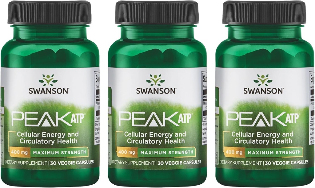 Swanson Maximale sterkte Peak ATP-Natural Supplement Promoting Cellular Energy Support-Ondersteunt fysieke prestaties en bevordert gezonde bloedstroom ondersteuning-(30 Veggie Capsules, 400mg Each) 3 Pack