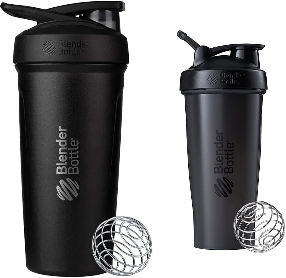 BlenderBattle Strada Shaker Cup Geïsoleerde roestvrij stalen waterfles met Wire Whisk, 24-ounce, Black & Classic Shaker Bottle Perfect voor eiwitshakes en pre-workout, 28-ounce, zwart