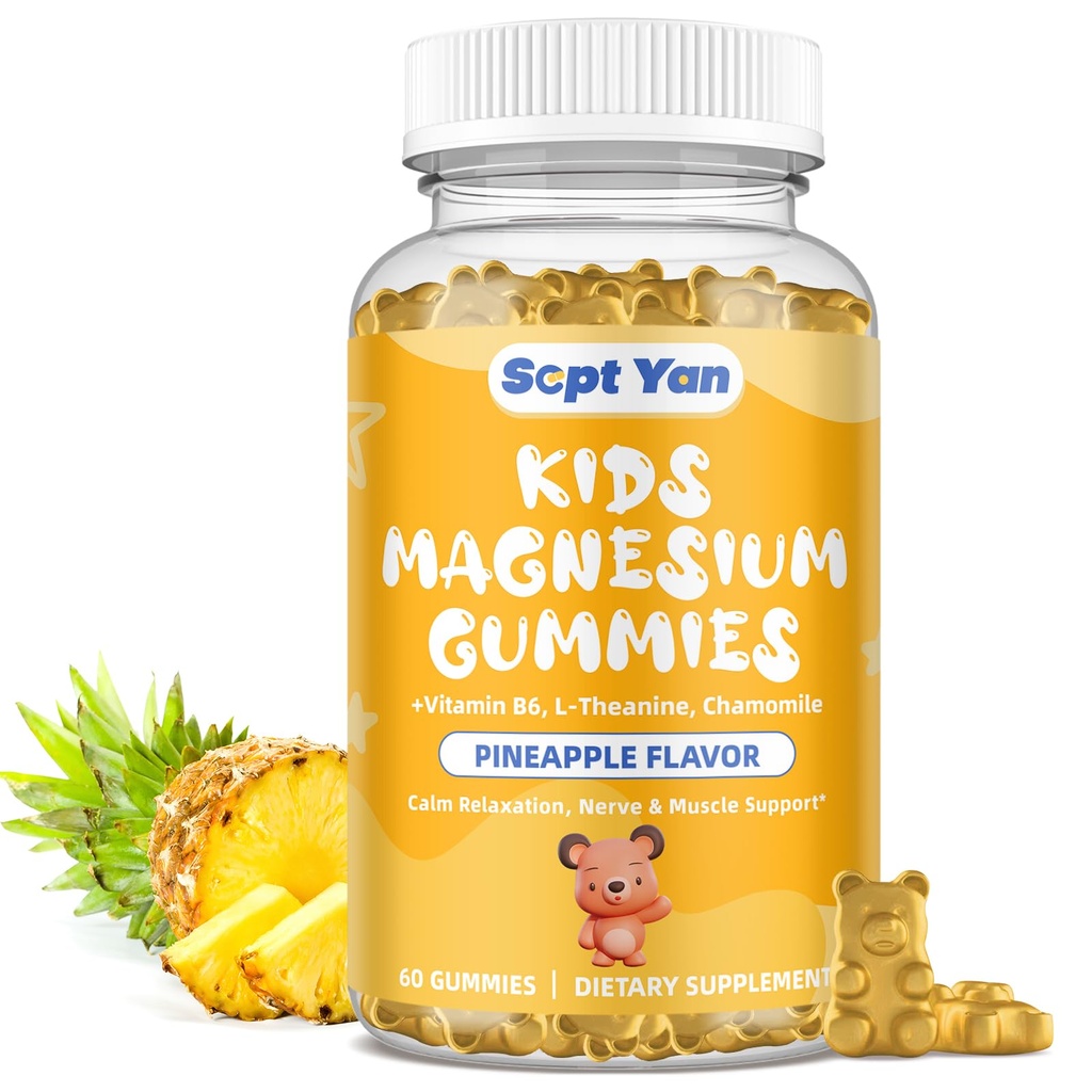 Magnesium Gummies for Kids - Magnesium Citrate Supplement met vitamine B6, L-theanine, kamille & Citroen Balm - Kalm Magnesium voor kinderen & volwassenen slapen, ontspannen, Ananas smaak 60 Gummies