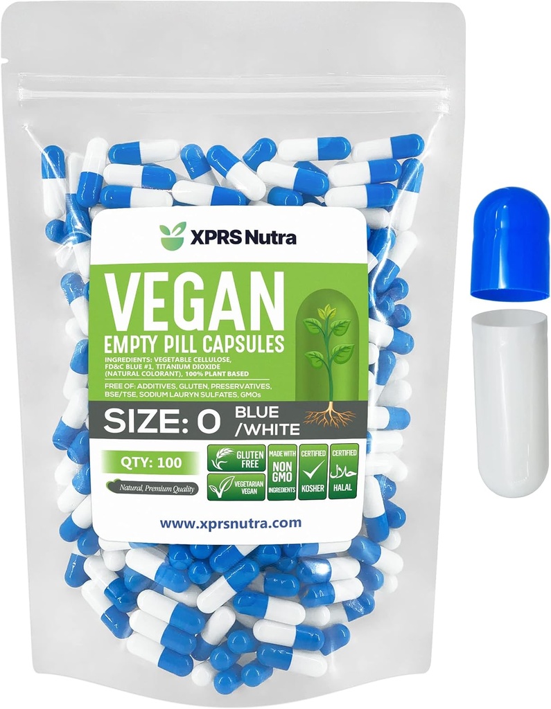 XPRS Nutra Maat 0 Lege capsules - 100 Graaf Lege Vegan Capsules - Vegetarische pillen - DIY plantaardige capsule vullen - Veggie pilscaps voor Do-It-Yourself Supplements (Blauw/Wit)