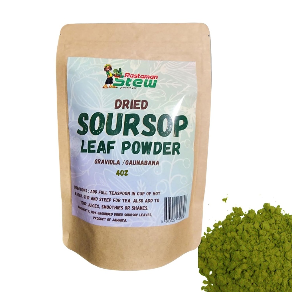 RastaMan Stew gemalen gedroogde soursop thee biologische bladeren poeder, Pure Graviola bladextract / Guanabana bladeren / Zure sop stam - rijk aan antioxidant en voedingsstoffen - Geen conserveringsmiddel (4oz) Bruin