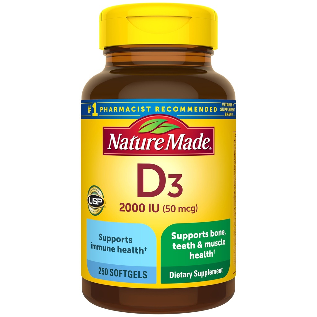 Nature Made Vitamin D3 2000 IE (50 mcg), Dieetsupplement voor bot-, tand-, spier- en immuungezondheidssteun, 250 Softgels, 250 Day Supply