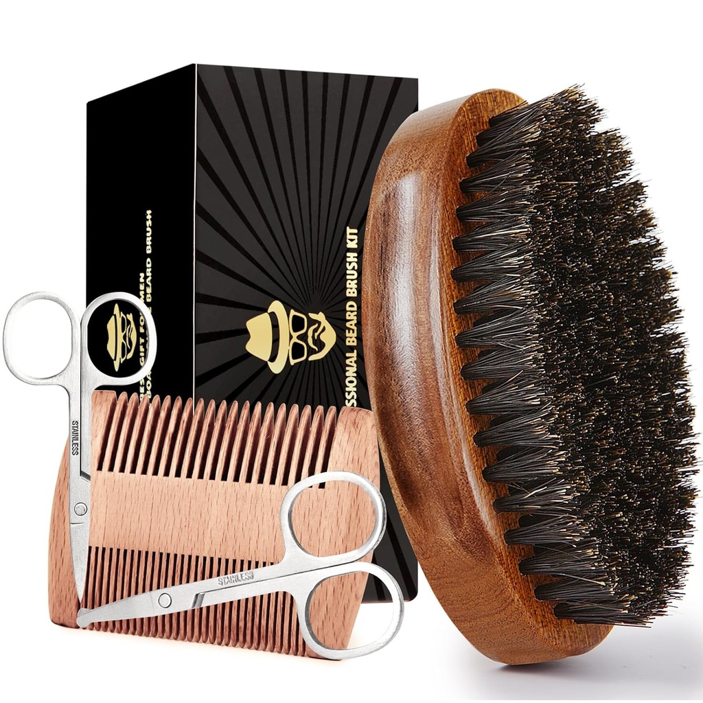 Soson Beard Brush voor mannen, 100% Pure Boar Bristle Baard Brush, Baard Grooming Set Inclusief Baard Comb, 2 stuks snor schaar, en reistas