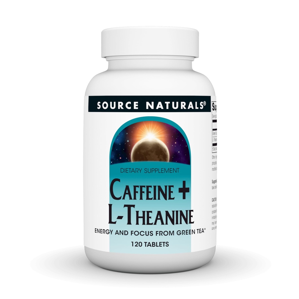 Bron Naturals Cafeïne + L-Theanine, Energie en Focus Ondersteuning van groene thee* - 120 tabletten