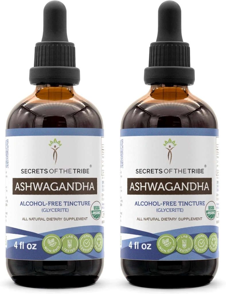 Ashwagandha Tincture Alcohol-Free Extract, USDA Organic Ashwagandha Withania Somnifera Anti-Stress and Relaxation 2x4 OZ